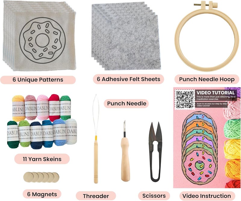 Dabline Punch Needle Kit for Beginners – 6 Pattern Punch Needle Coaster Set with Hoop, Needle, Threader, Yarn & Backing Fabric for Adults and Kids DIY Craft - Image 4